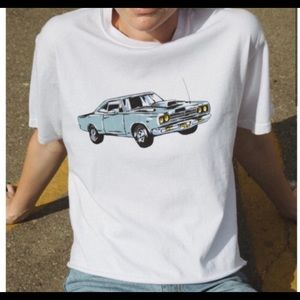 JohnGalt/brandy Melville white tee w/ blue race car & unique graphic on the back
